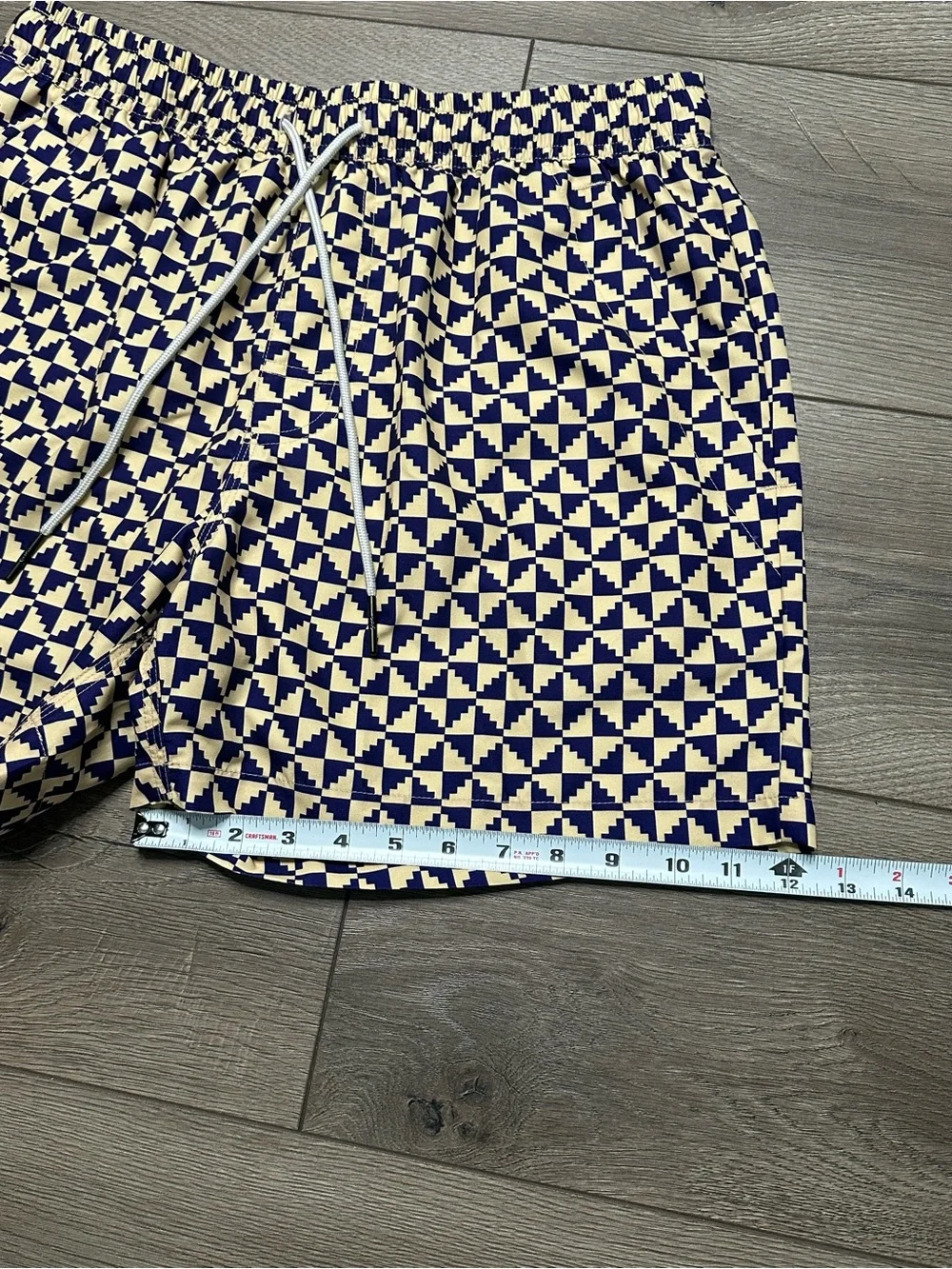 OAS Puzzle Print Lined Swim Shorts Tan Navy Blue Size Large